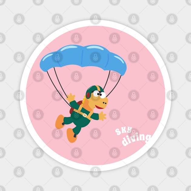 cartoon illustration of skydiving with litlle dinosaur Magnet by KIDS APPAREL